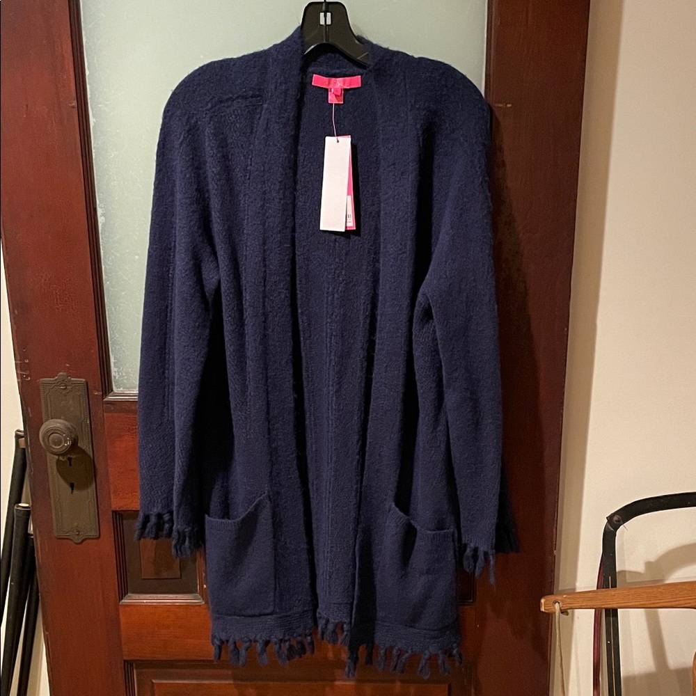 Lilly Pulitzer Navy Open-Front Fringe Hem Cardigan